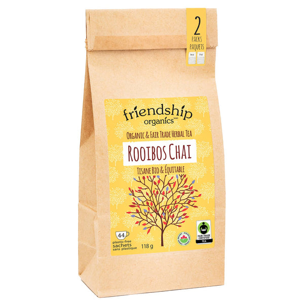 Bag of friendship organics Rooibos Chai tea on a white background