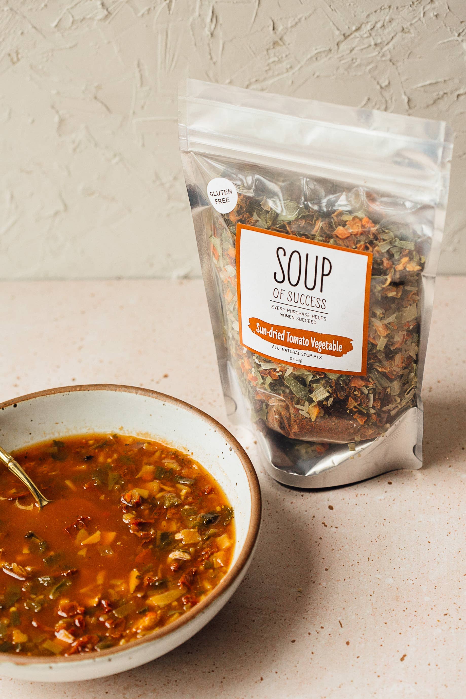 Close-up of Sun-Dried Tomato Vegetable Soup Mix ingredients including rice, tomato, and vegetables