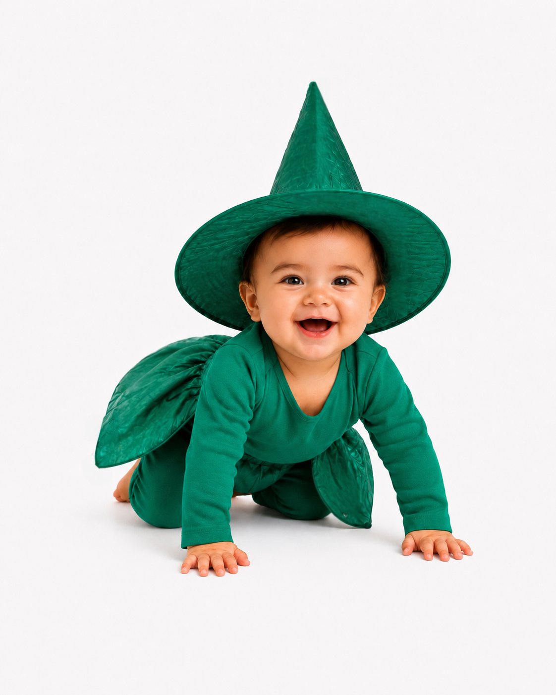 Baby Green Witch Halloween Costume showing the shimmering deadstock half skirt and matching witch hat