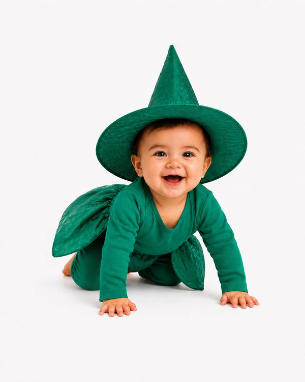 Baby Green Witch Halloween Costume showing the shimmering deadstock half skirt and matching witch hat