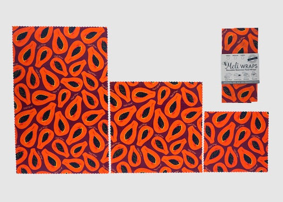 Close-up of Meli Wraps beeswax food wrap in Purple Papaya print