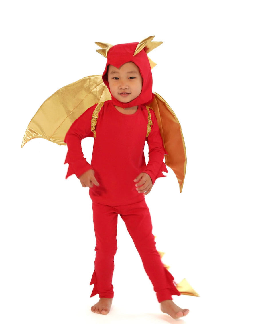 Child wearing a red dragon costume with gold accents on a white background