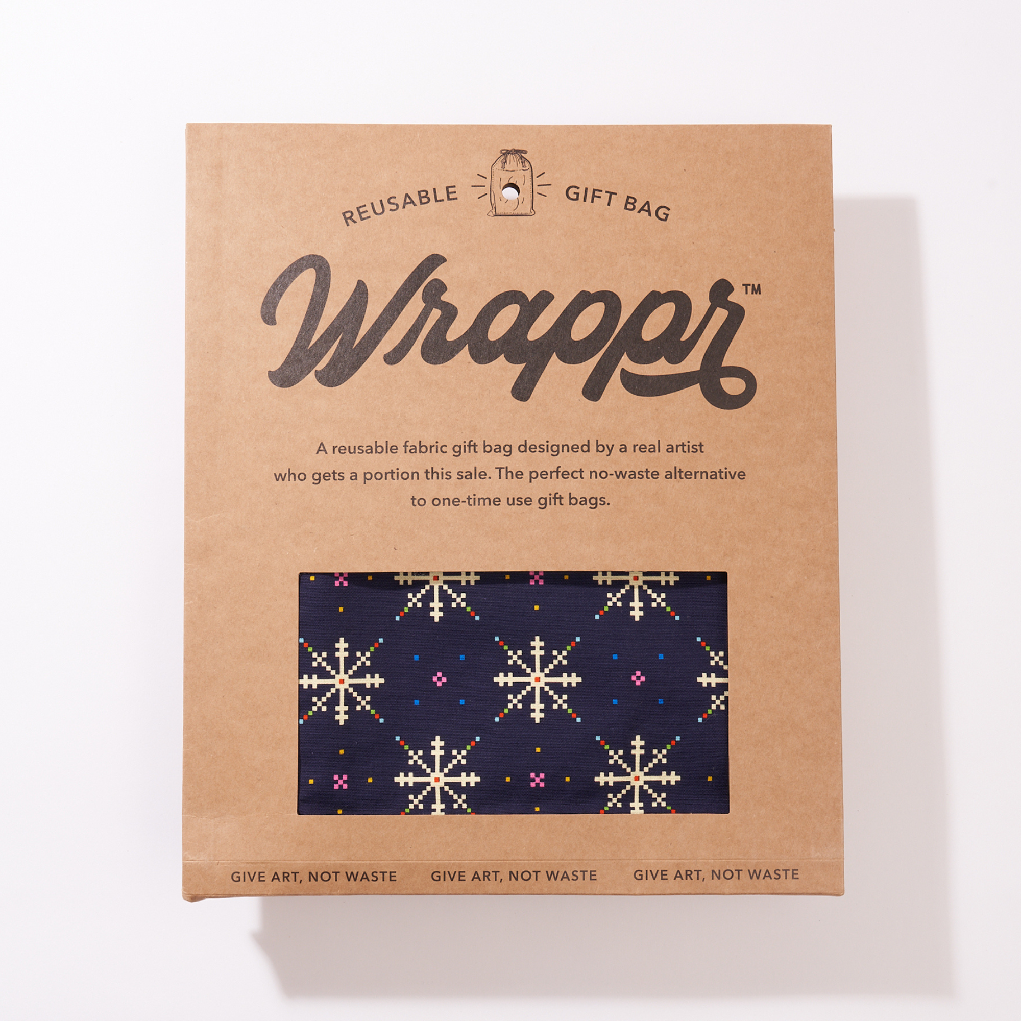 Close-up of Fair Isle pattern on reusable cotton gift bag printed with water-based ink