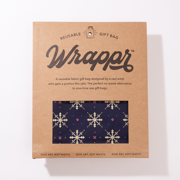 Close-up of Fair Isle pattern on reusable cotton gift bag printed with water-based ink
