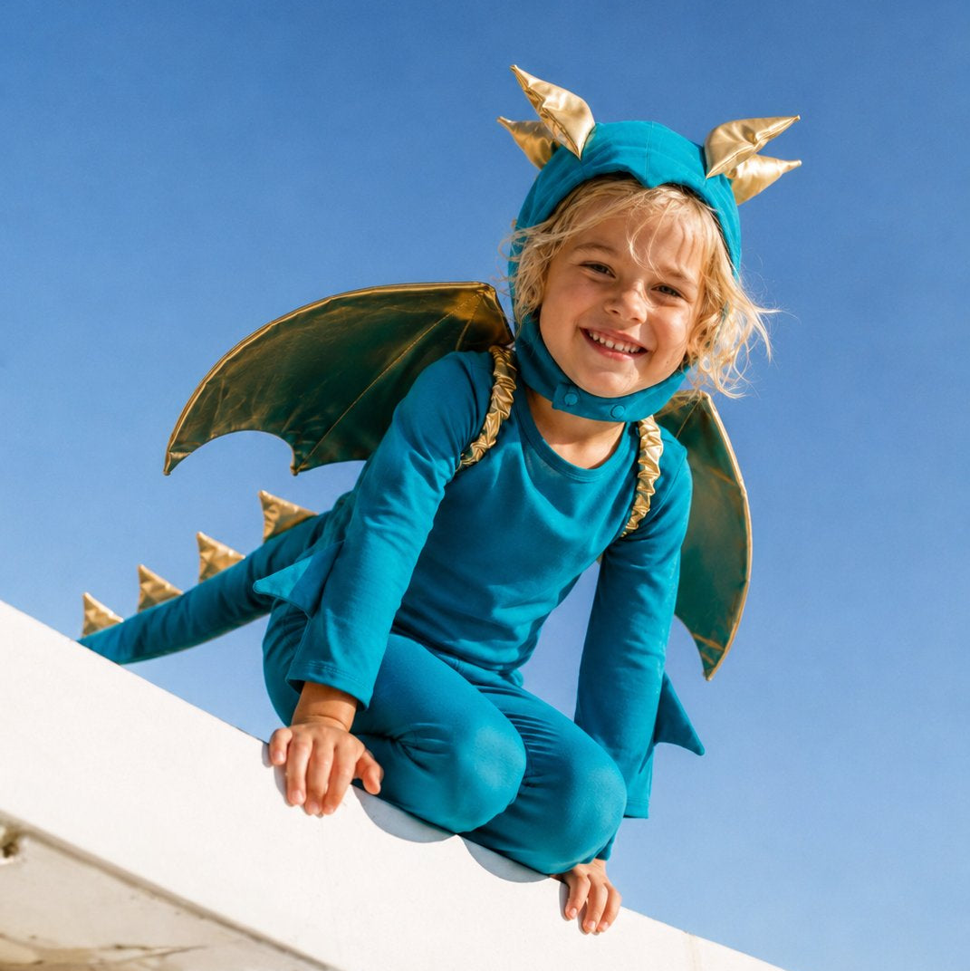 Jade Blue and Gold Dragon Costume with golden wings and spikes