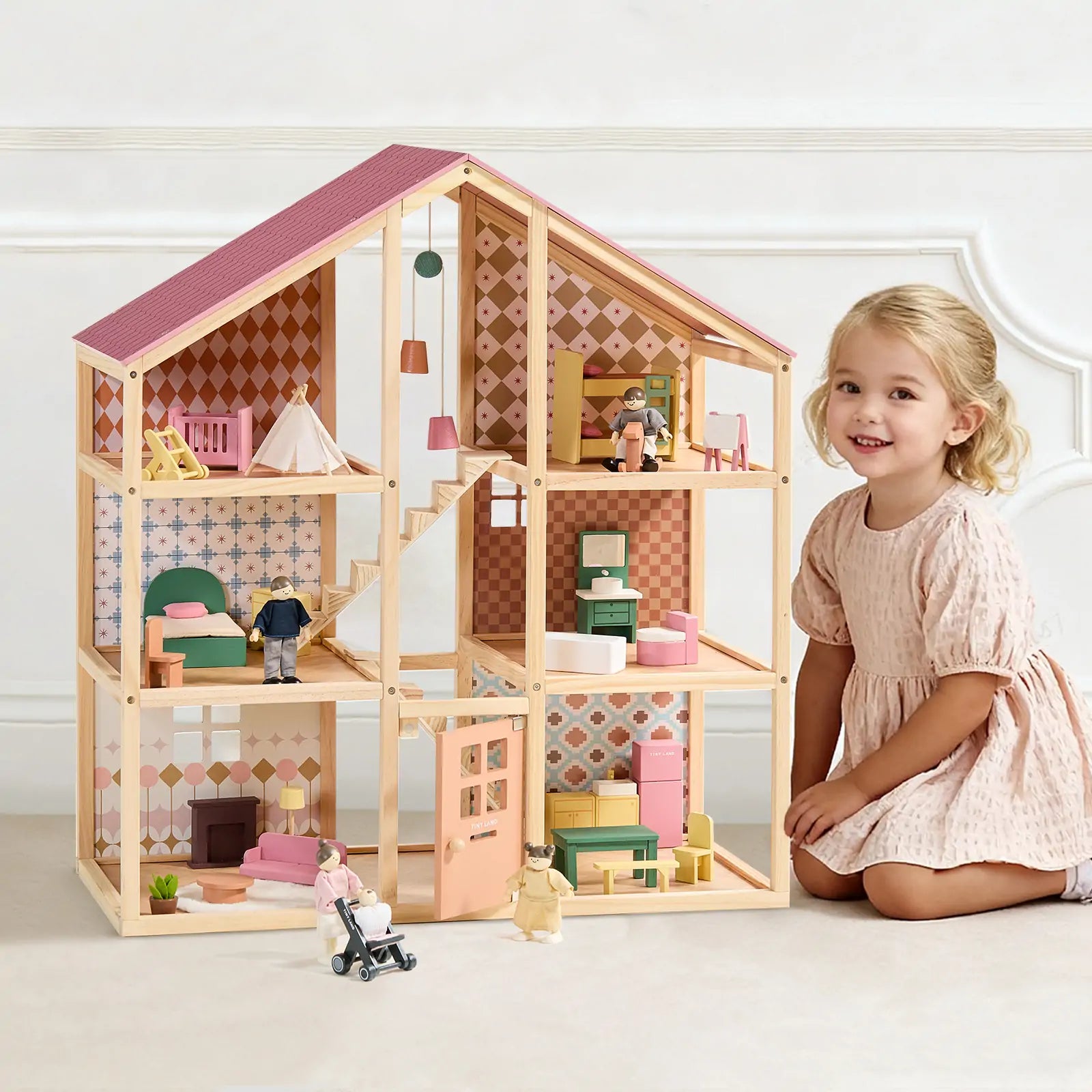 Interior rooms of the Tiny Land Sweetwood Pegasus wooden dollhouse