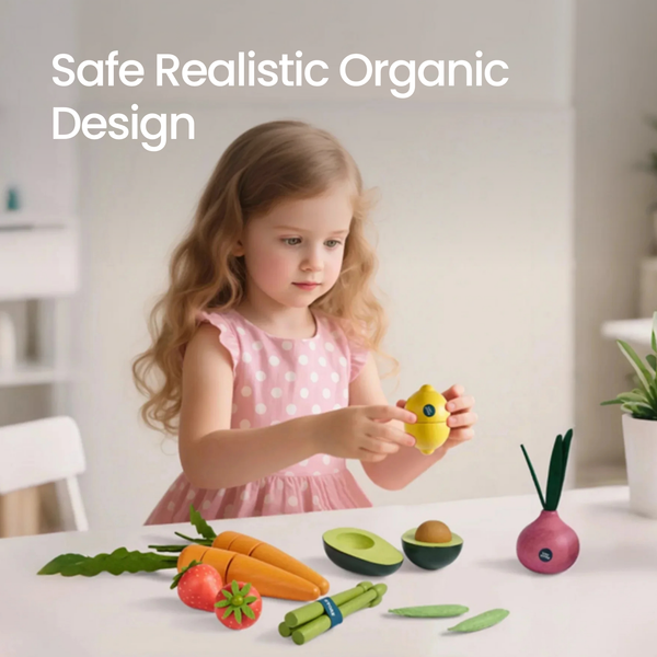 Child playing with Tiny Land fruit and vegetable wooden toy set for imaginative learning