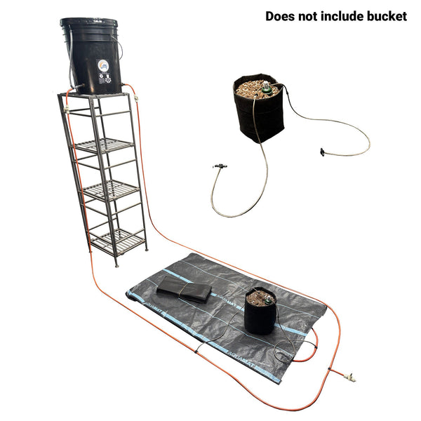 Gardening setup with a ladder, watering system, and pots on a white background.