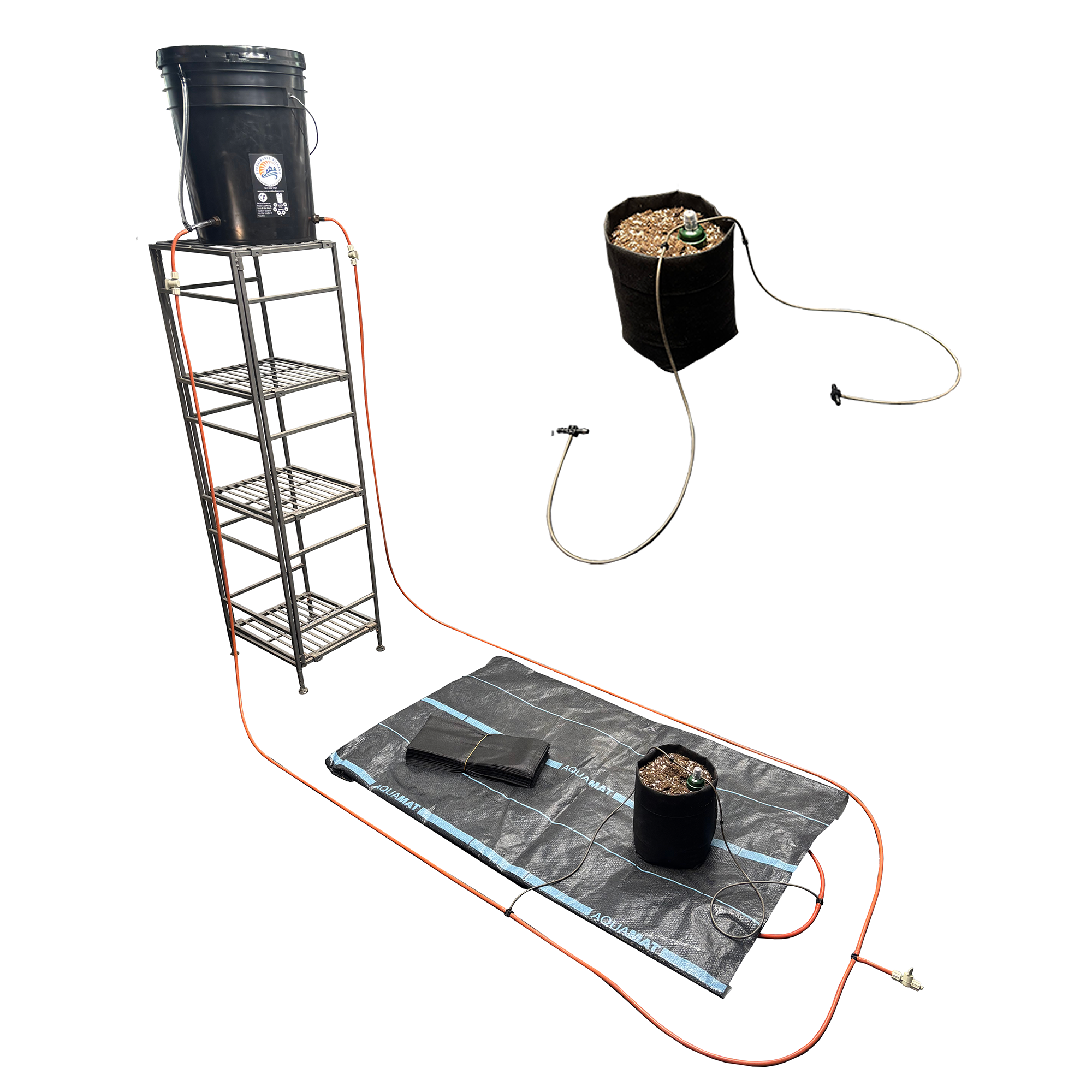 Gardening setup with a black bucket, ladder, mat, and pots on a white background