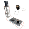 Gardening setup with a black bucket, ladder, mat, and pots on a white background