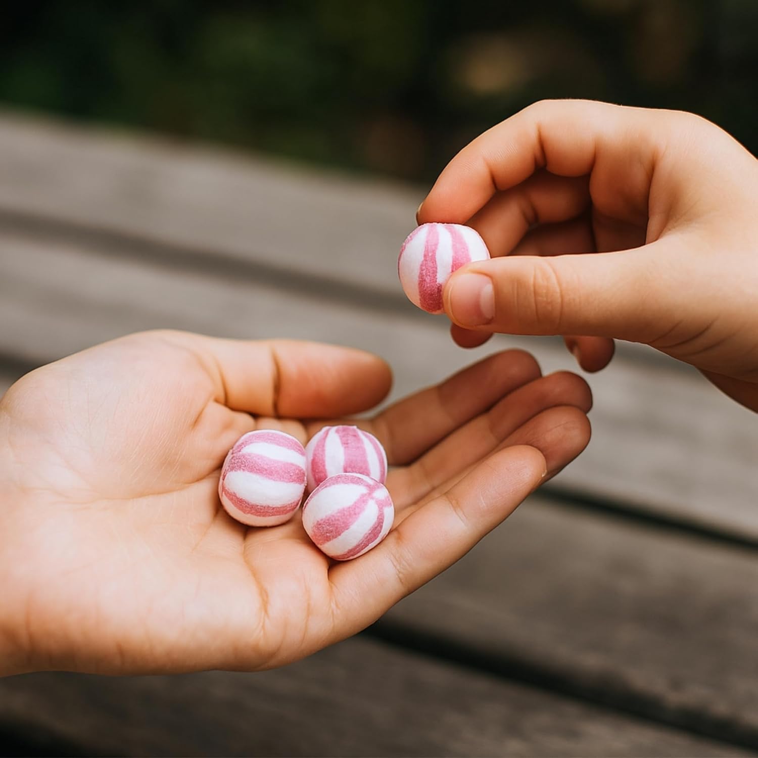Two hands holding pink and white striped candies against a blurred natural background