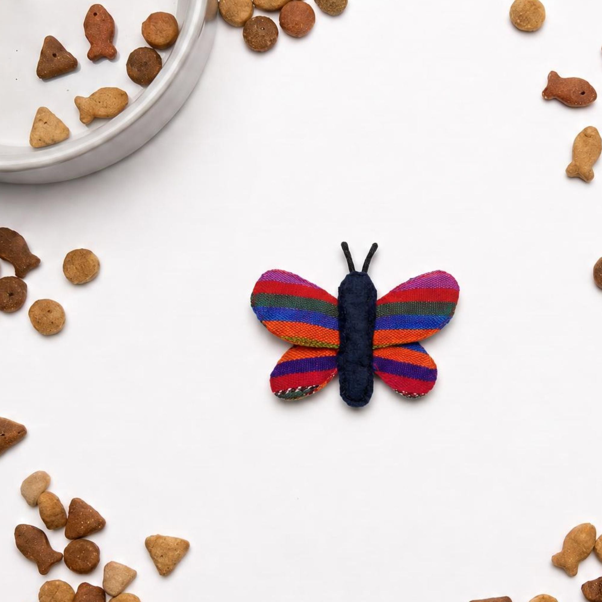 Colorful handmade butterfly cat toy made from upcycled cotton fabric
