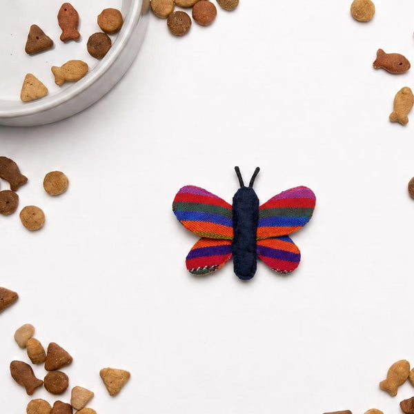Colorful handmade butterfly cat toy made from upcycled cotton fabric