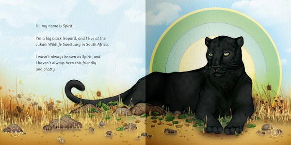 Interior illustrated spread from How Diablo Became Spirit children's book showing Spirit the black leopard