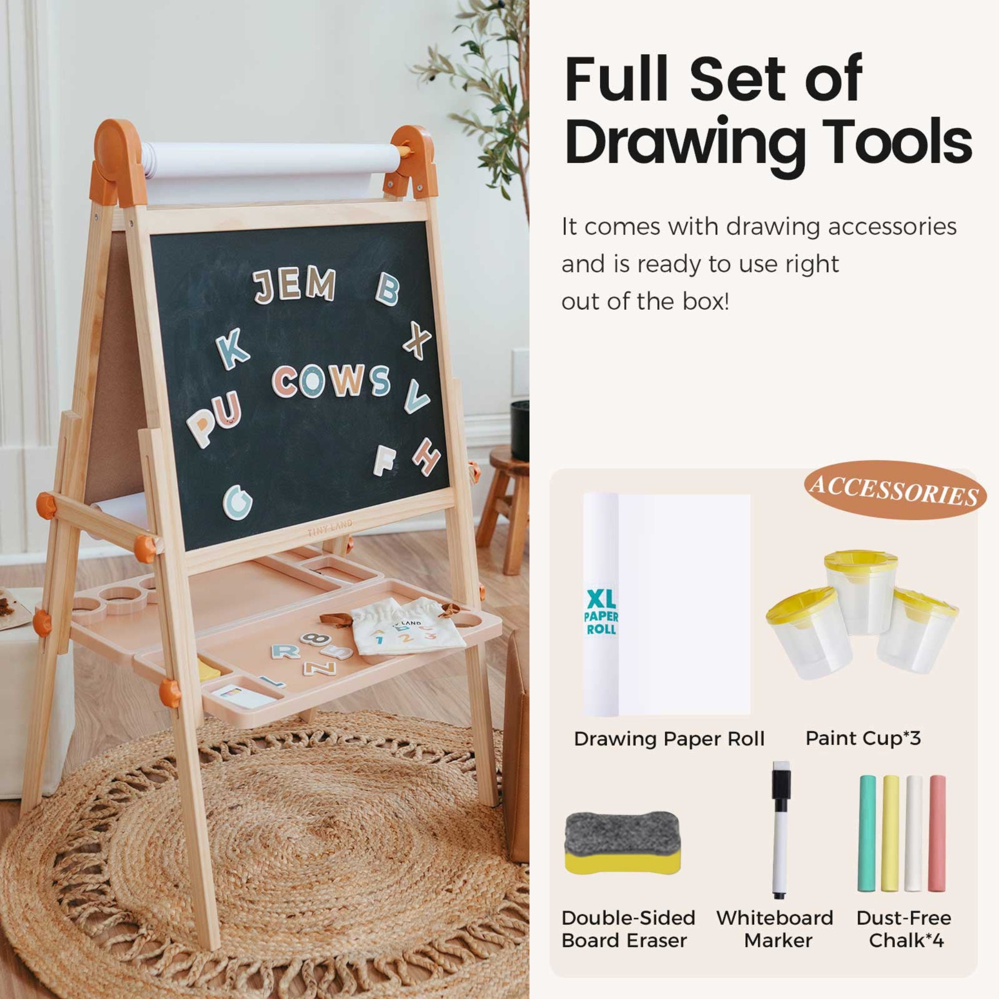 Wooden drawing easel with blackboard surface and accessories on a rug.