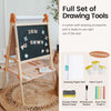 Wooden drawing easel with blackboard surface and accessories on a rug.