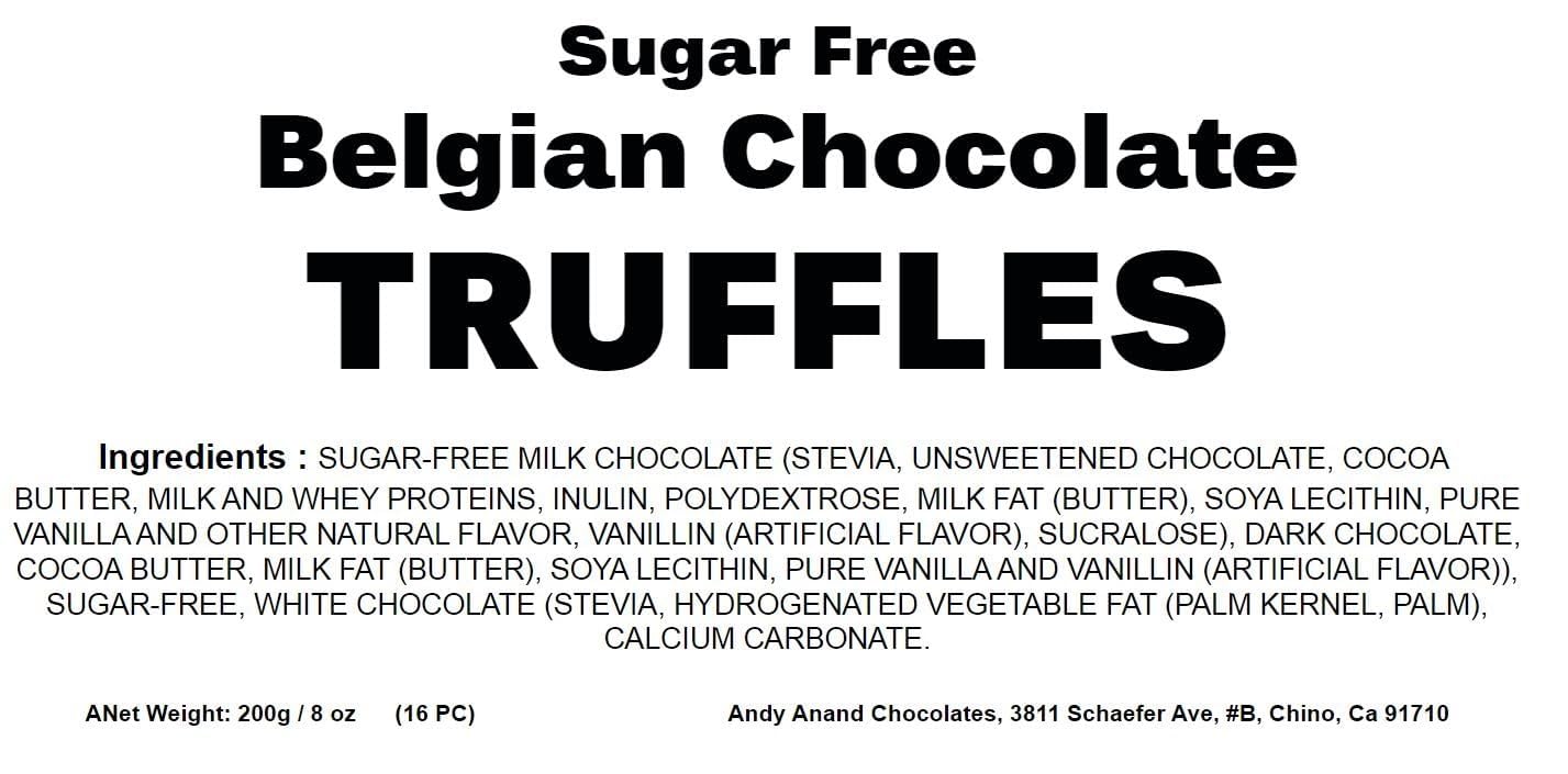 Sugar Free Belgian Chocolate Truffles label with ingredients list on a white background