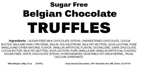 Sugar Free Belgian Chocolate Truffles label with ingredients list on a white background
