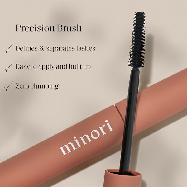 Minori Beauty Mother of Lashes mascara product flatlay with clean beauty branding