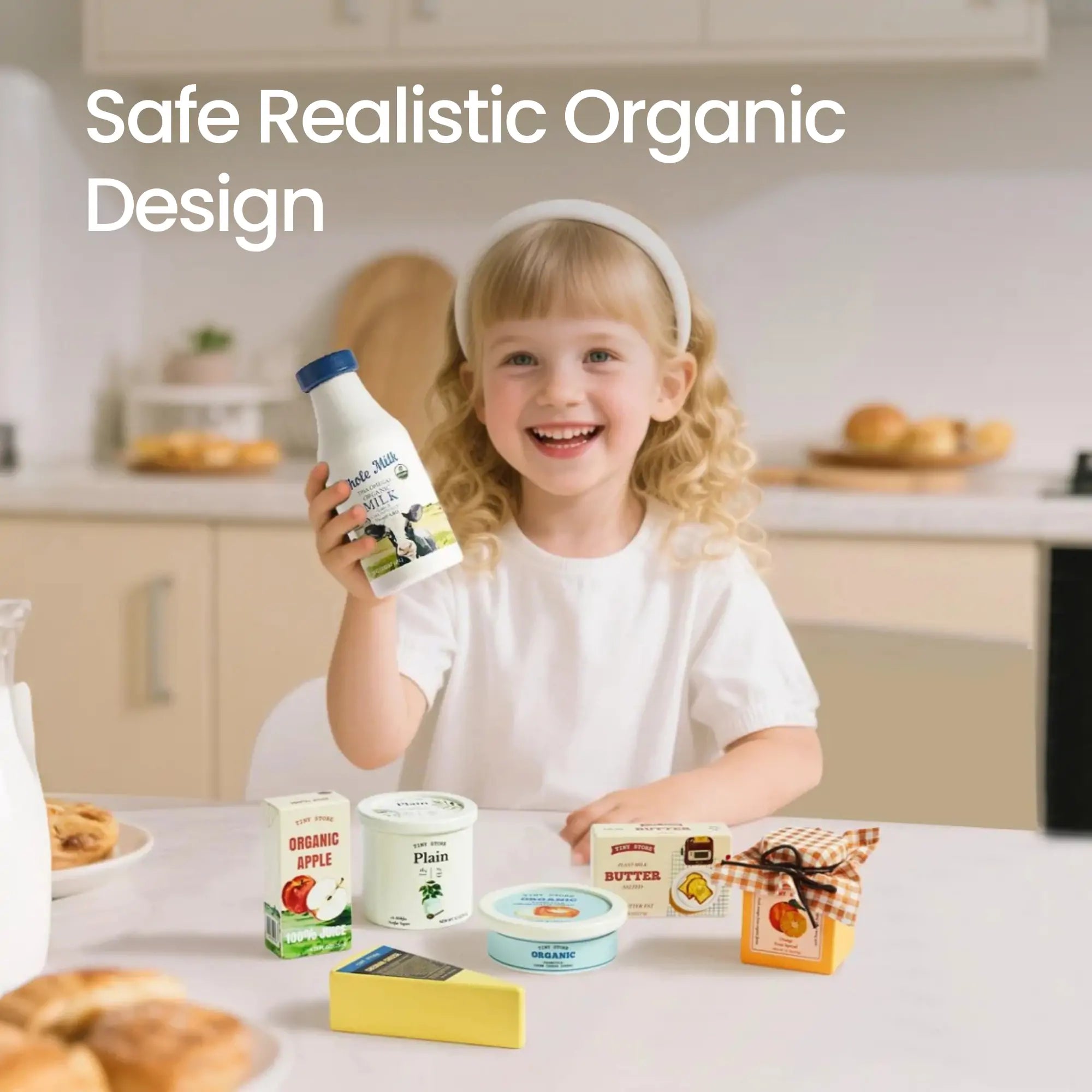 Child playing with Tiny Land wooden dairy pretend play food set at a toy kitchen counter