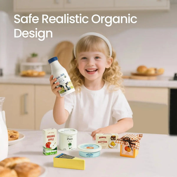 Child playing with Tiny Land wooden dairy pretend play food set at a toy kitchen counter