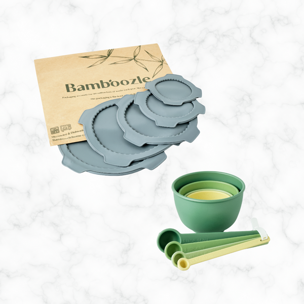 Bamboozle measuring cup and spoon duo with easy-to-read markings for accurate baking