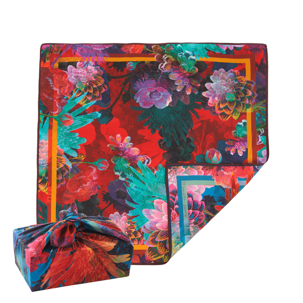 Rosebud furoshiki wrap styled as reusable zero-waste gift wrapping, made from mulberry silk, designed by Adam Klassen for Wrappr