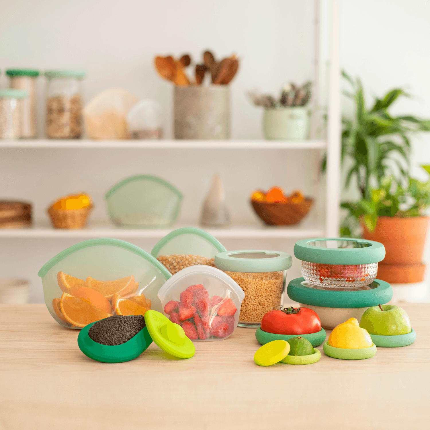 Food Huggers silicone food huggers in five sizes covering cut fruit and vegetables to keep them fresh