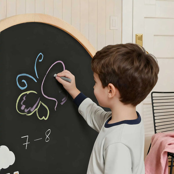 Magnetic whiteboard side of the Tiny Land arched easel with alphabet and number magnets