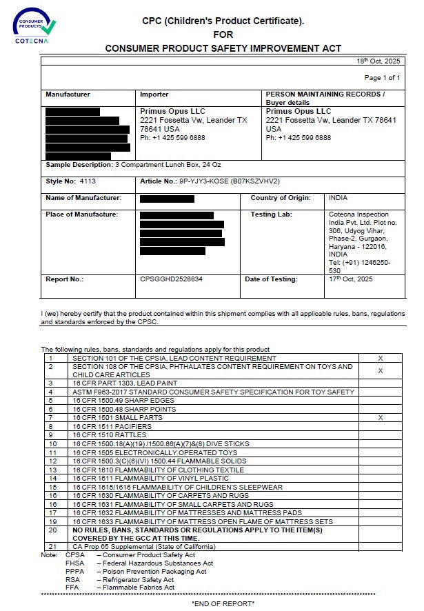 Children's Product Certificate for Consumer Product Safety Improvement Act with various fields and checkboxes.