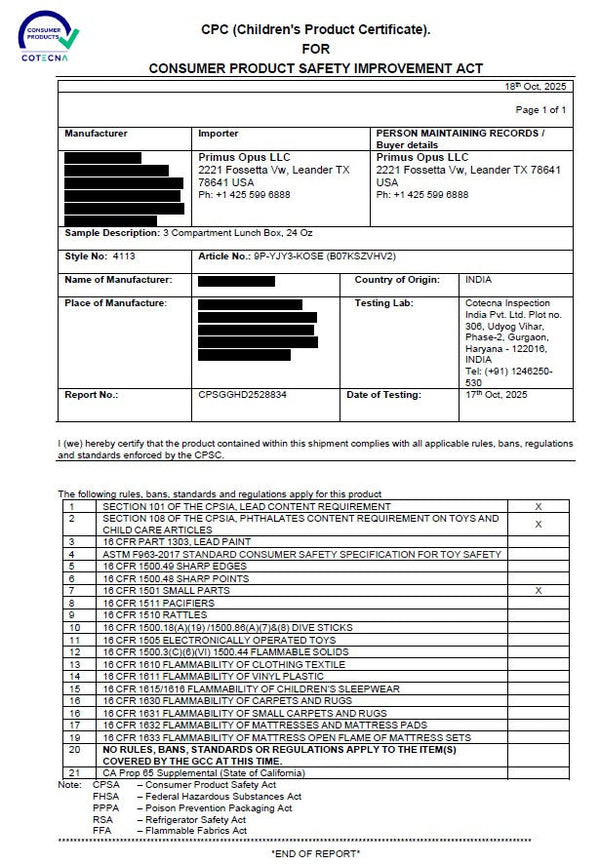 Children's Product Certificate for Consumer Product Safety Improvement Act with various fields and checkboxes.