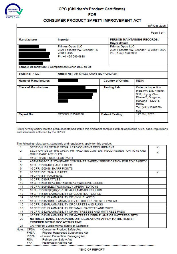Children's Product Certificate for Consumer Product Safety Improvement Act with various fields and checkboxes.