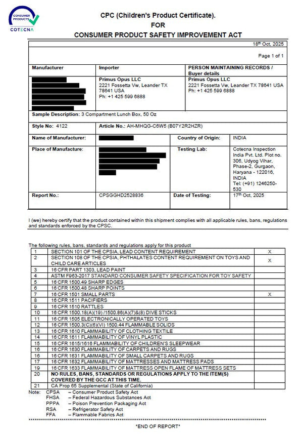 Children's Product Certificate for Consumer Product Safety Improvement Act with various fields and checkboxes.