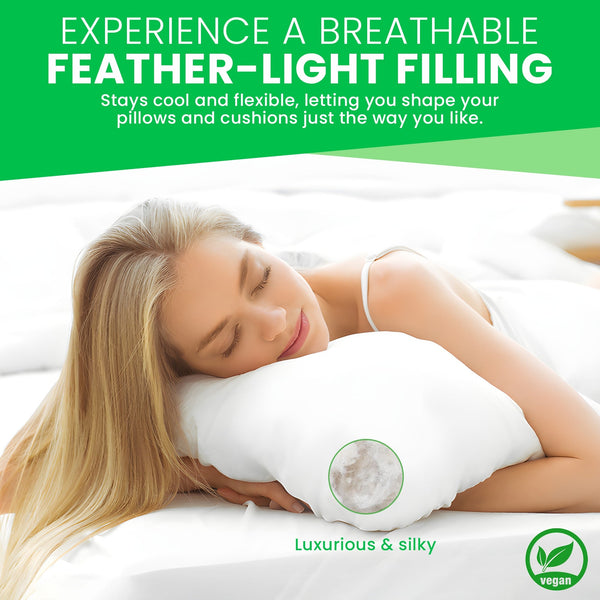 Woman lying on a pillow with text about breathable feather-light filling