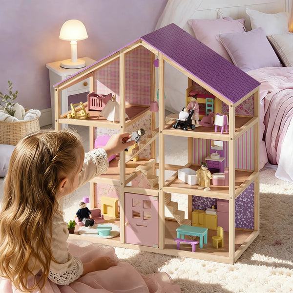 Child playing with a wooden dollhouse in a bedroom setting