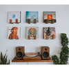 Flip Record Display Shelf in walnut mounted on a wall above a turntable and speakers