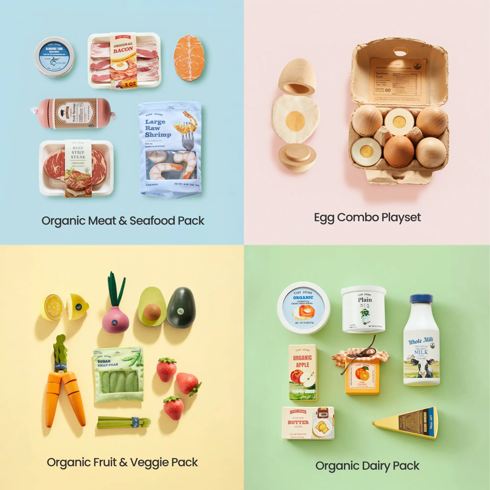 Close-up of Tiny Land pretend play food set with illustrated nutrition labels on mini packaging