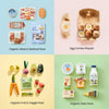 Close-up of Tiny Land pretend play food set with illustrated nutrition labels on mini packaging