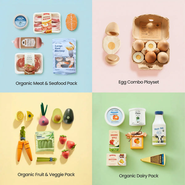 Close-up of Tiny Land pretend play food set with illustrated nutrition labels on mini packaging