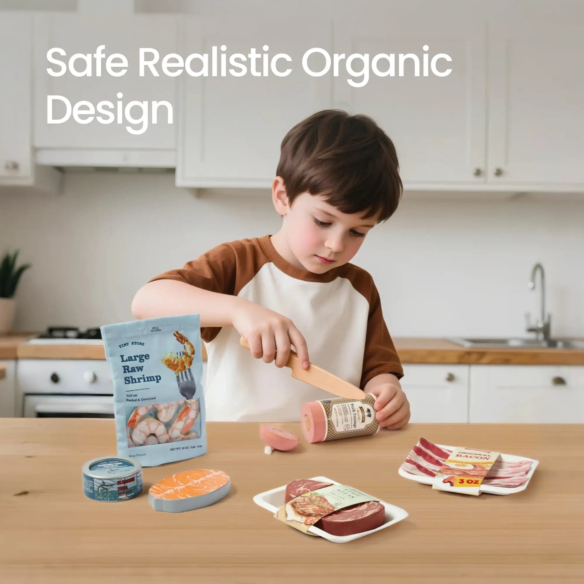 Child playing with wooden meat and seafood pretend food set in a toy kitchen