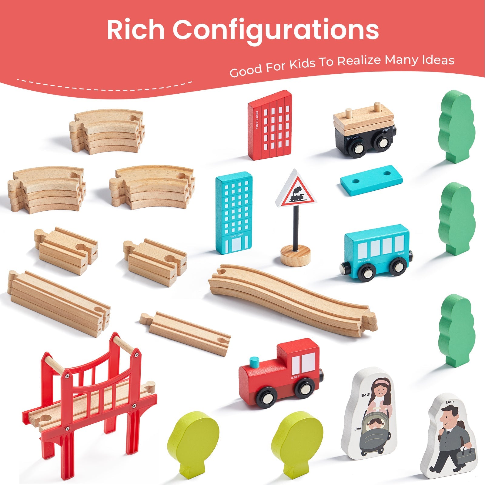 Collection of toy train tracks, cars, and buildings on a white background with text about rich configurations.