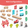 Collection of toy train tracks, cars, and buildings on a white background with text about rich configurations.