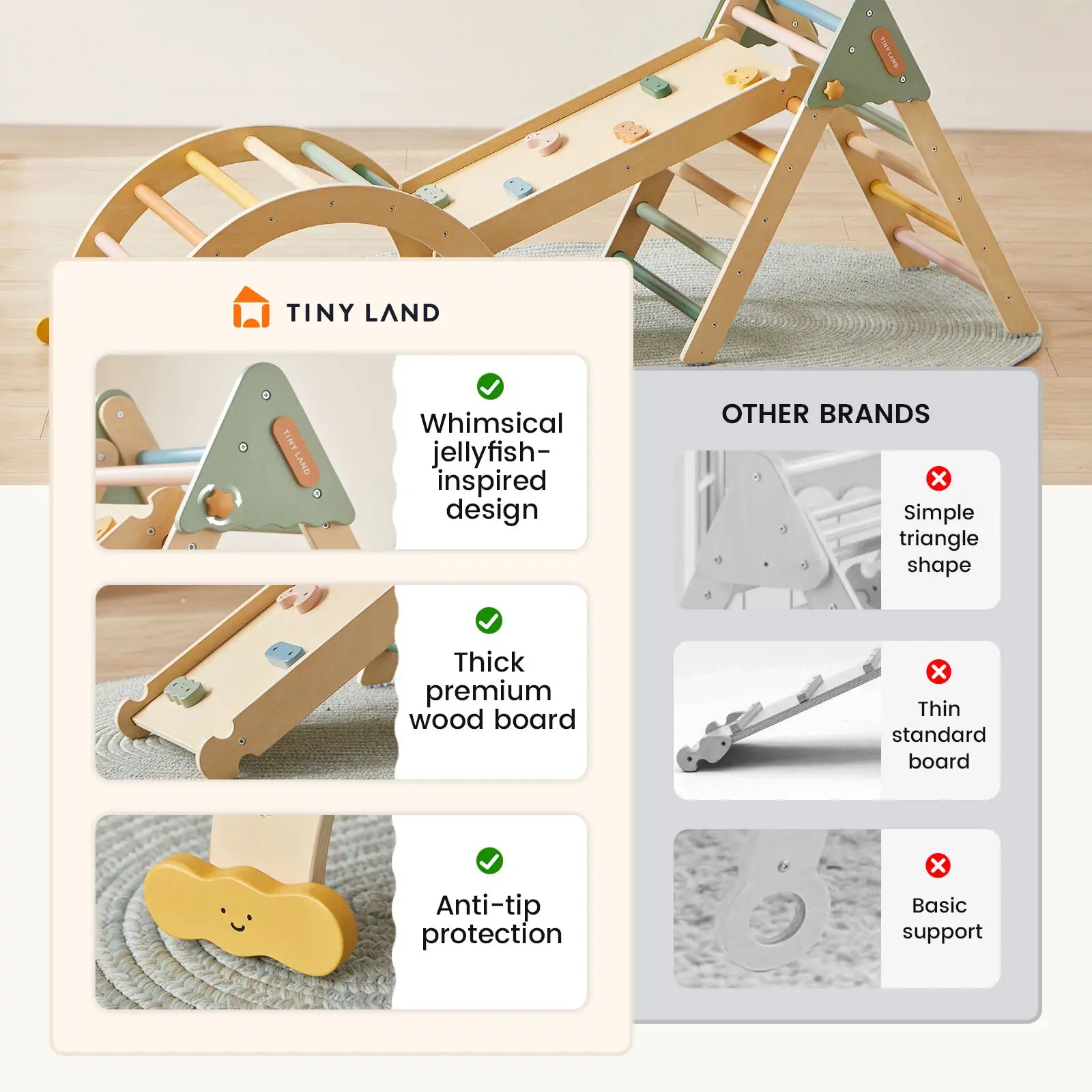 Tiny Land 7-in-1 Pikler Triangle and reversible ramp rocker accessory set for toddlers