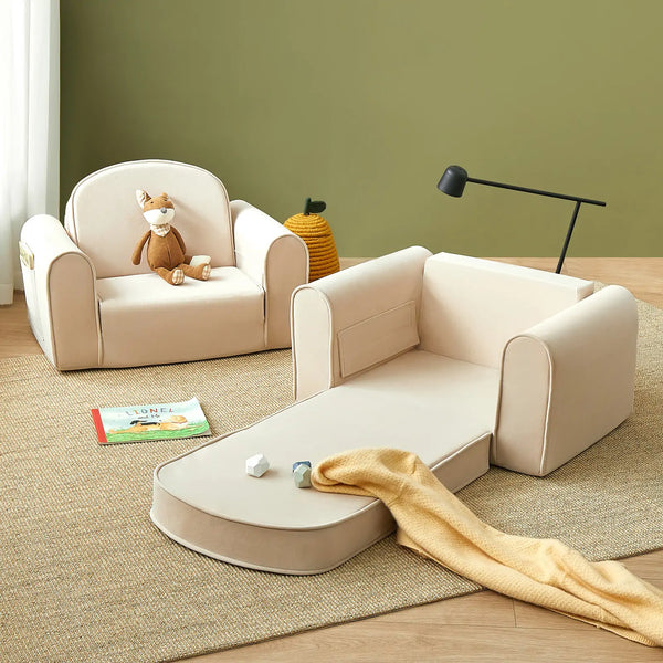 Close-up of the suede-like fabric and side pocket detail on the Tiny Land GentleSnug kids sofa chair