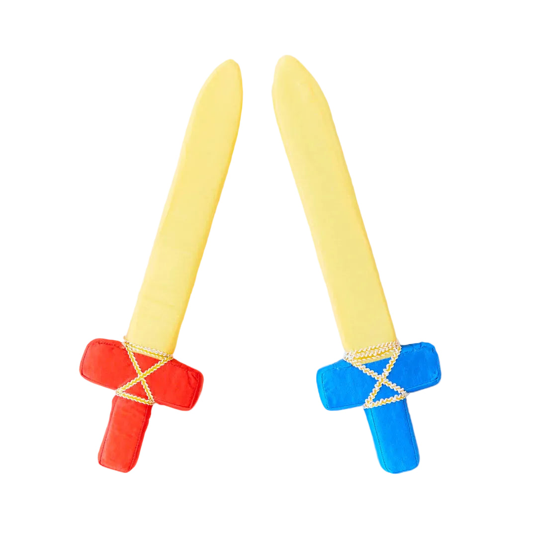 Sarah's Silks Red Soft Sword laid flat showing full 17-inch length and golden silk blade