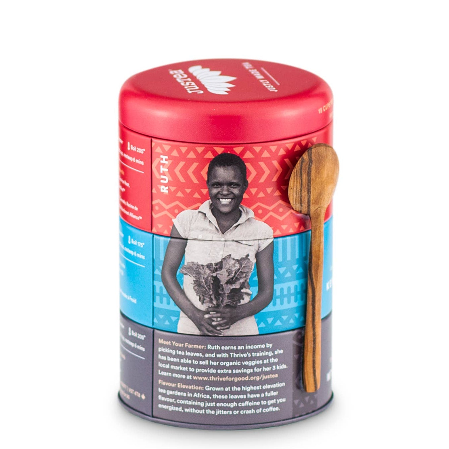 Close-up of JusTea recyclable black tea tins featuring Kenyan farmer profiles – African Chai, Kenyan Earl Grey, and Mt. Kenya Black