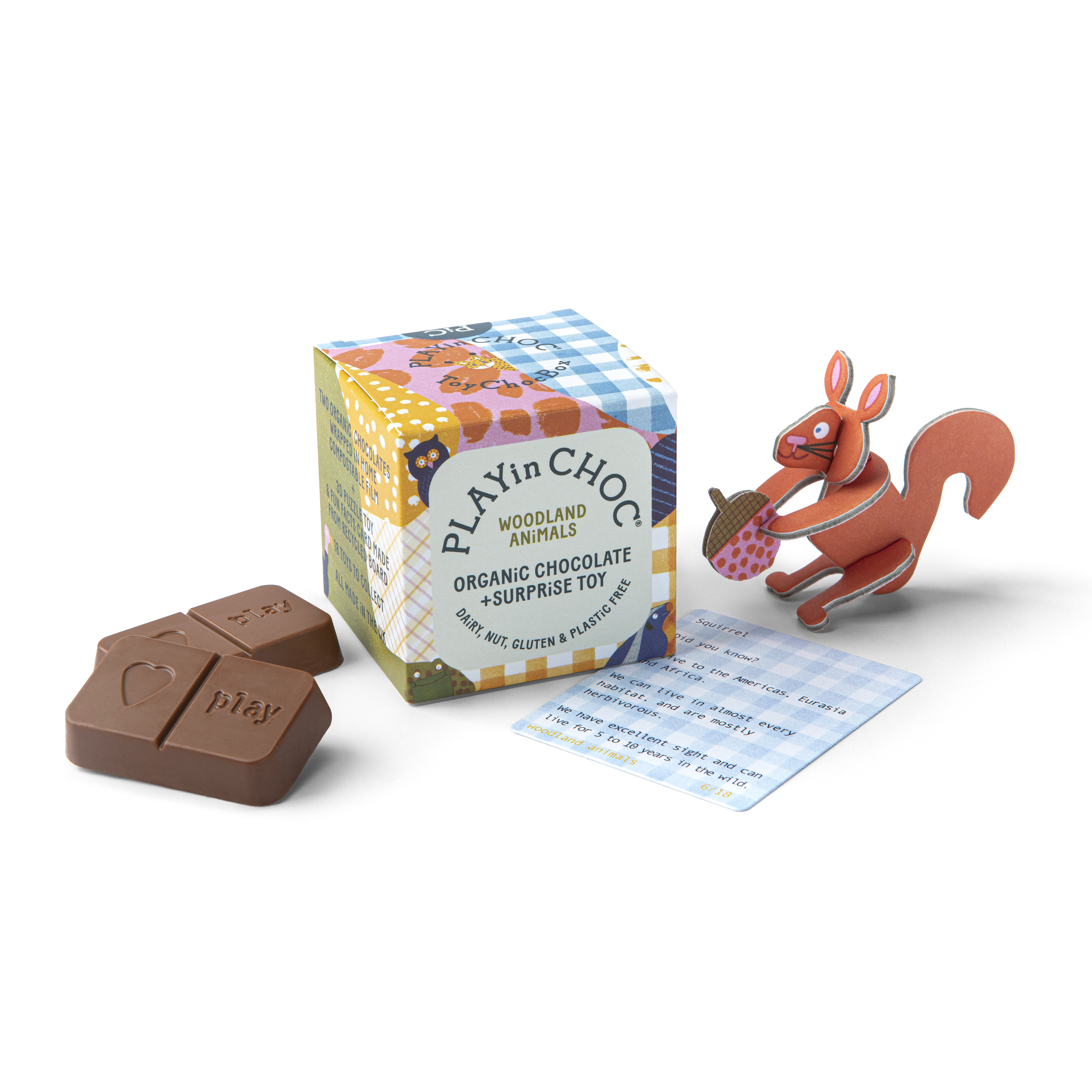 Play'n Choc woodland animals organic chocolate with packaging and a toy squirrel on a white background