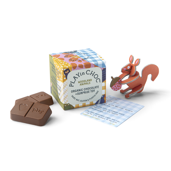 Play'n Choc woodland animals organic chocolate with packaging and a toy squirrel on a white background