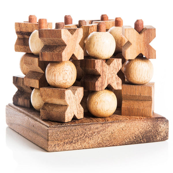 Wooden puzzle toy with interlocking pieces on a white background