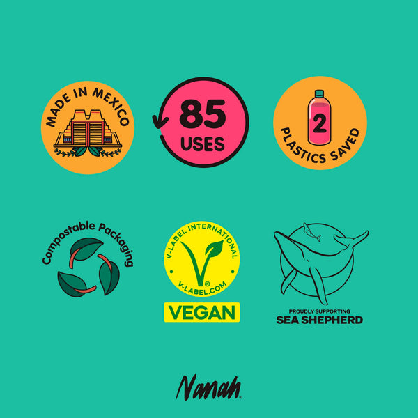 Collection of eco-friendly product labels on a teal background with Nanah branding.